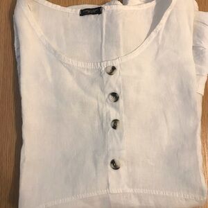 White Linen Button-Front Scoop Neck Top - Lino Largo